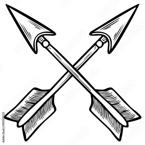 Two crossed arrows with sharp points and fletching in a hand drawn vintage style