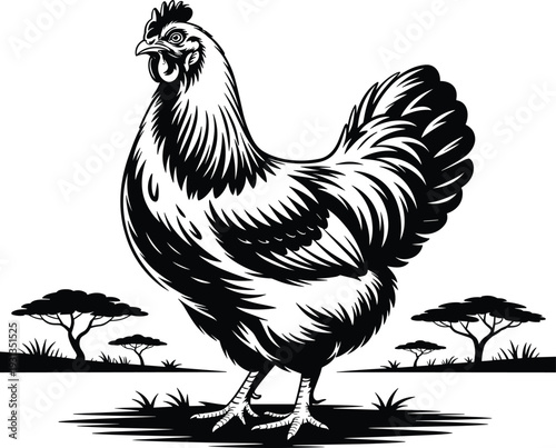 Chicken Silhouette Black and White Vintage Style Illustration