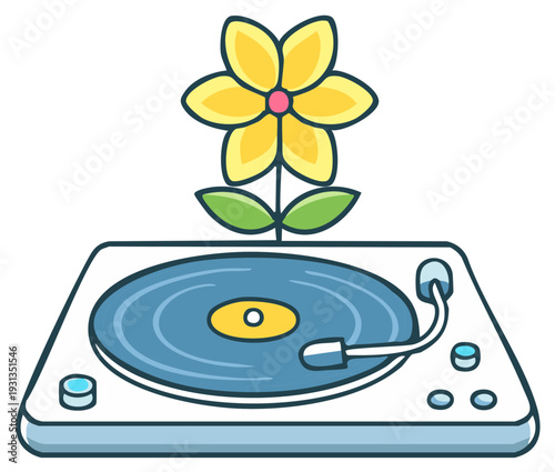 Groovy vinyl turntable with blossoming floral accent symbolizing music and nature integration
