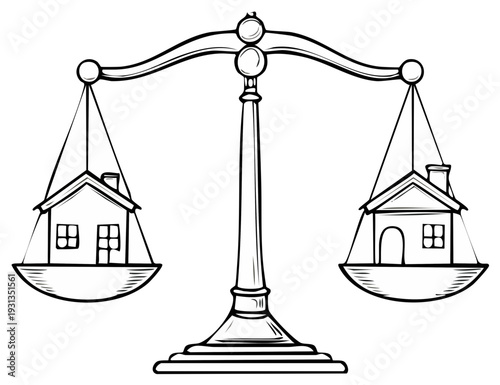 Scales of justice balancing houses, concept of real estate value or legal decisions