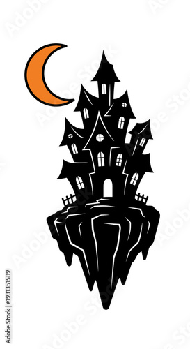 Eerie Halloween Haunted House Floating Spookily Under a Crecent Moon, Vector Illustration for Creepy Autumn Celebrations, Graphic Design for Halloween Parties, Scary Tales, Gothic Architecture, Fantas