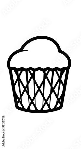 Bakery Basket Full of Goodies Illustration: Woven Container Holding Baked Goods, Cupcake Liner Design, Representing Bakery Themes, Confectionery Delivery, Black and White Graphic, Decorative Food Icon