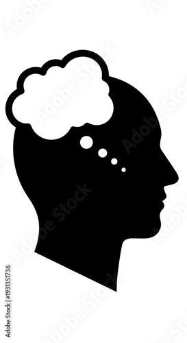 Silhouette Head Thinking with Cloud of Ideas: Contemplation and Mental Clarity in Psychology, Neuroscience, Brainstorming, Creativity, Mindfulness, Problem Solving, and Cognitive Function. Symbolic Th