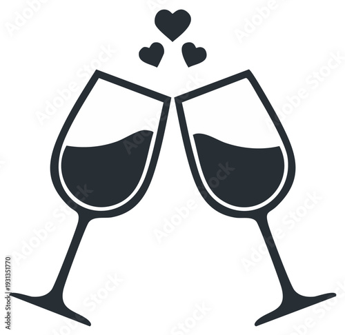 Pair of Wine Glasses Clinking Toast with Heart Graphics for Celebration Concept