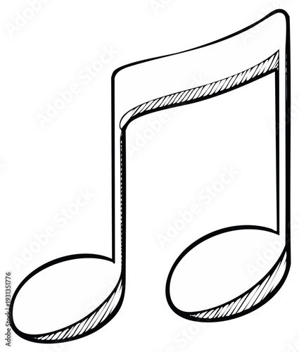 Sketch of a single musical note symbol featuring two beamed eighth notes hand drawn in black ink