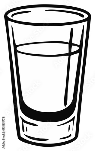 Shot glass graphic with clear liquid, black and white illustration, drink concept.