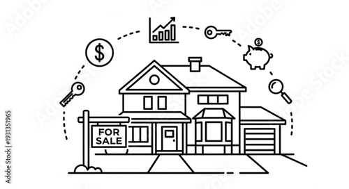 Real Estate For Sale House With Financial Icons.