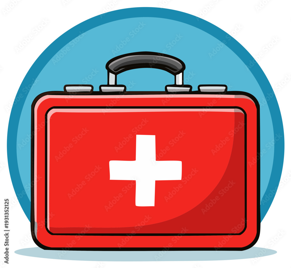 Fototapeta premium Red First Aid Kit Box with White Cross Symbol and Handle Emergency Medical Supplies