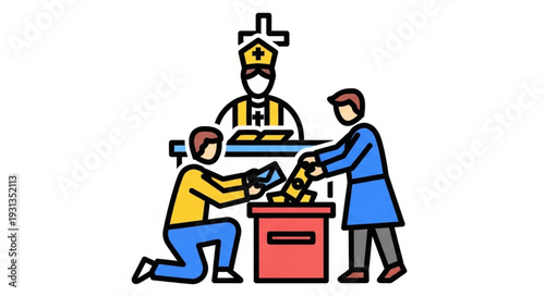 Religious ceremony with donation collection and clergyman.