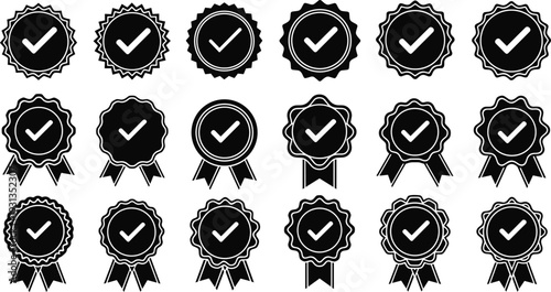Award badge and quality seal silhouette icon set with check mark ribbon symbols collection