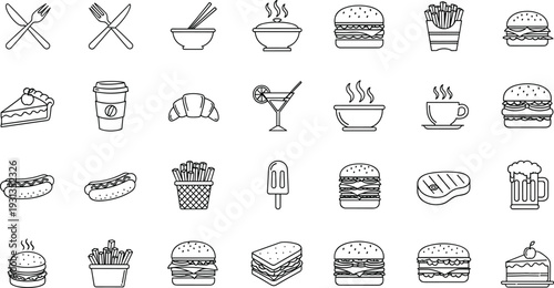 Fast food and cafe line icon set with burger, fries, coffee and dessert symbols