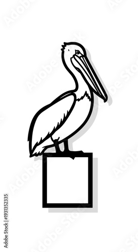 Pelican Standing on Square Post, Coastal Wildlife Illustration, Black and White Vector, Bird Perched, Watching Over Water Habitat, Simple Contour Drawing for Conservation Projects, Environment Educati