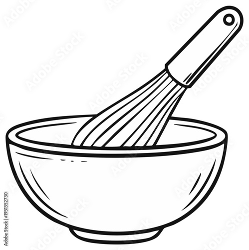 Kitchen bowl with whisk vector illustration, drawing outline for cooking and baking concepts.