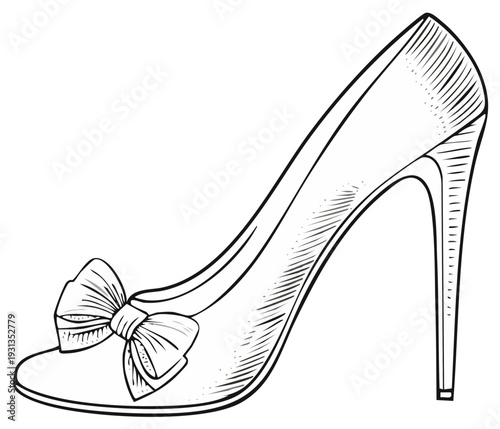 Elegant high heel shoe with a bow illustration, fashion footwear for women, classic design, line art style