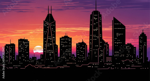 Silhouette of a modern city skyline at sunset with vibrant colors.