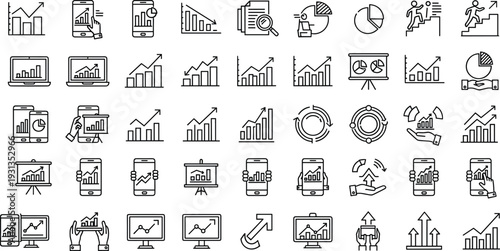 Business analytics and financial growth line icon set with charts, reports, statistics and strategy symbols