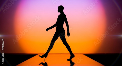 Silhouette of a woman walking on a runway during a fashion show.
