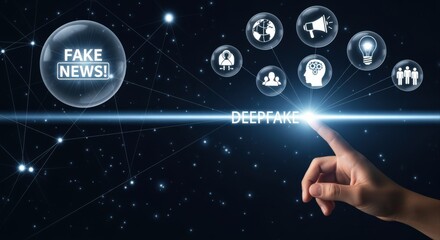 Deepfake Technology and Fake News Conceptual Illustration: Hand Touching Digital Interface with Misinformation Warning and Icons
