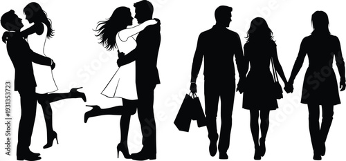 Couple silhouettes, romantic love icons, embracing walking shopping figures, affection relationship artwork, companionship design elements - flat vector illustration