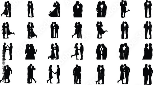 Couple silhouettes, romantic love icons, kissing hugging holding hands figures, affection relationship artwork, emotional connection design elements - flat vector illustration