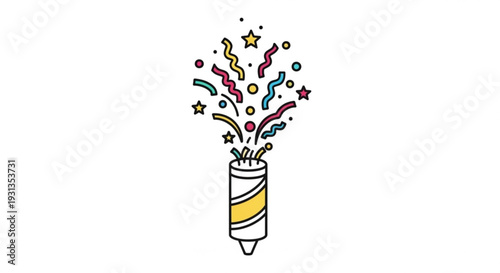 Colorful confetti popping out of a party popper on a white background with festive celebration