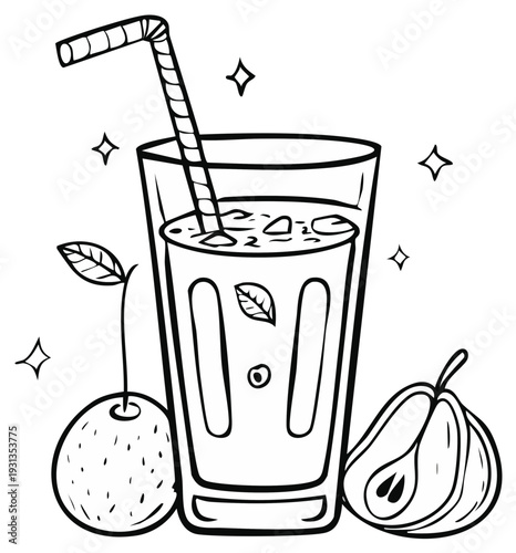Outline illustration of a tall glass filled with a refreshing beverage, garnished with fresh fruit and sparkling highlights