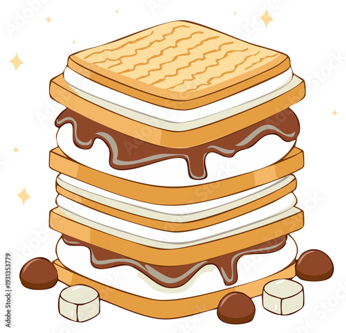Gooey stacked s'mores treat illustration with dripping chocolate fluffy marshmallows and crispy crackers