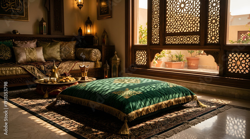 Luxurious Traditional Arabic Majlis Interior with Green Silk Floor Cushion, Mashrabiya Windows, and Warm Lighting for Ramadan Celebration