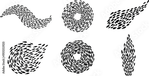 Fish school formations, collective movement patterns, marine life silhouettes, ocean behavior illustration, biology design elements, swarm intelligence artwork, flat vector illustration