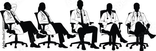 Group of doctors in white coats with stethoscopes seated on chairs, healthcare teamwork meeting and consultation concept, flat vector illustration