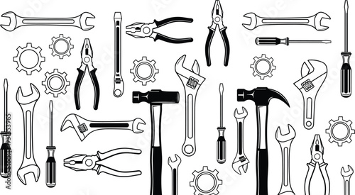 Hand tool silhouettes, wrench screwdriver hammer plier icons, gear mechanical figures, construction repair DIY artwork, engineering design elements - flat vector illustration