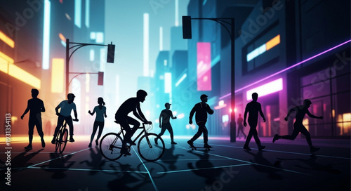 Silhouettes of people walking and cycling in a vibrant neon city at night.