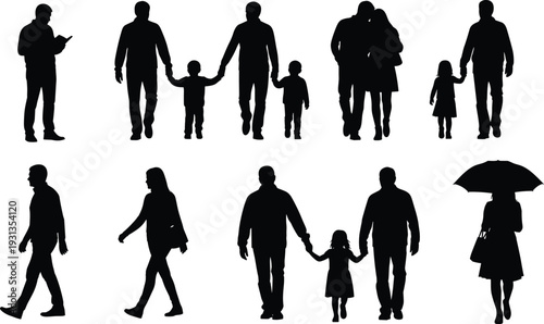 Human silhouettes walking, reading, family bonding, umbrella figure, group interactions, expressive poses, black vector people, lifestyle illustration, flat vector illustration