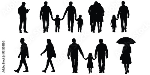 Human silhouettes walking, reading, family bonding, umbrella figure, group interactions, expressive poses, black vector people, lifestyle illustration, flat vector illustration