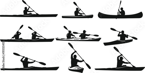 Kayak canoe silhouettes, paddling sport icons, solo tandem boat figures, water activity artwork, outdoor adventure design elements - flat vector illustration