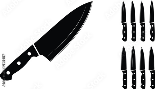 Kitchen knives silhouettes, chef knife, cooking tools, culinary equipment, sharp blade design, food preparation icon, cutlery set, professional utensil art, flat vector illustration