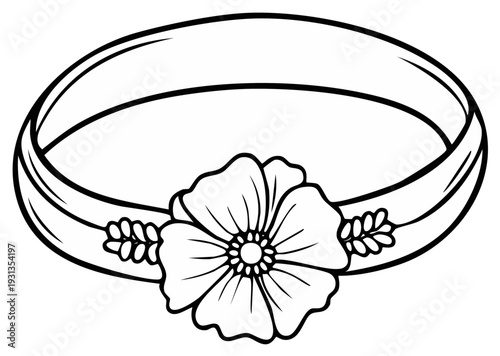 Outline Illustration of a Simple Bracelet Featuring a Flower Ornamentation in a Minimalist Design Style, Delicate Appearance