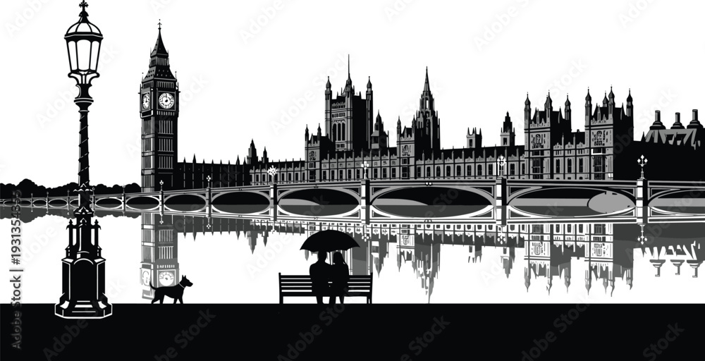 Fototapeta premium Palace of Westminster silhouettes, Big Ben London icons, landmark architecture figures, romantic city artwork, travel tourism design elements - flat vector illustration