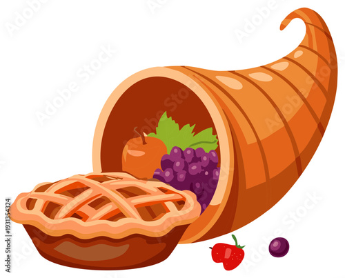 Cartoon Horn of Plenty With Fresh Pie and Fruits Apples Grapes Strawberries Illustration