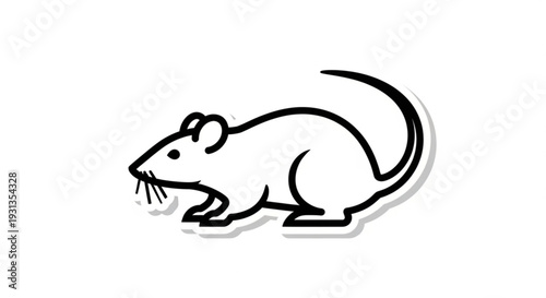 A black line drawing of a mouse with whiskers and a long tail on a white background with subtle shadow