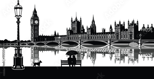 Palace of Westminster silhouettes, Big Ben London icons, landmark architecture figures, romantic city artwork, travel tourism design elements - flat vector illustration