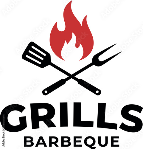 Barbecue Grills Logo with Crossed Spatula and Fork over Red Flame Symbol for Steakhouse Catering and Summer BBQ Event Branding Vector Icon Design