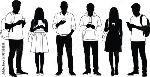 People silhouettes using smartphones, modern communication concept, flat vector illustration