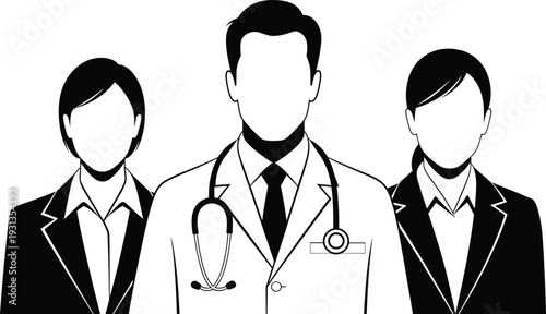 Professional team silhouettes, doctor business icons, healthcare corporate figures, collaboration workplace artwork, medical administrative design elements - flat vector illustration