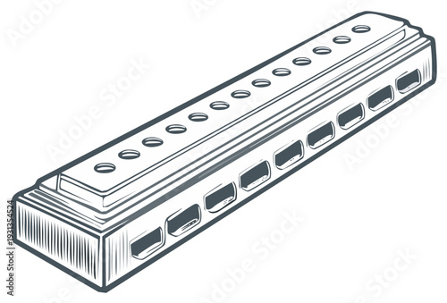 Detailed illustration of a harmonica in grayscale against a white background