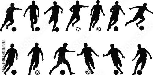 Soccer player silhouettes in dynamic poses with ball, athletic movement collection for sports training, football action design elements set, flat vector illustration