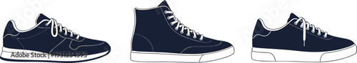 Sneaker silhouettes, athletic casual shoe icons, high-top low-top figures, fashion footwear artwork, sport lifestyle design elements - flat vector illustration