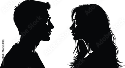 Two people silhouettes facing each other, male and female profiles, emotional interaction, confrontation concept, communication design, human relationship symbol, flat vector illustration