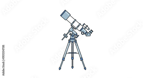 Professional white astronomical telescope mounted on a sturdy silver tripod isolated on a white background for stargazing and space exploration.
