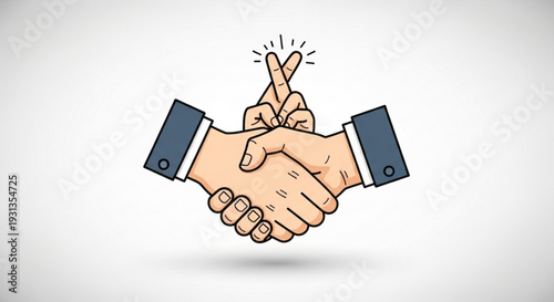 Two businesspeople shaking hands with fingers crossed symbolizing agreement and partnership